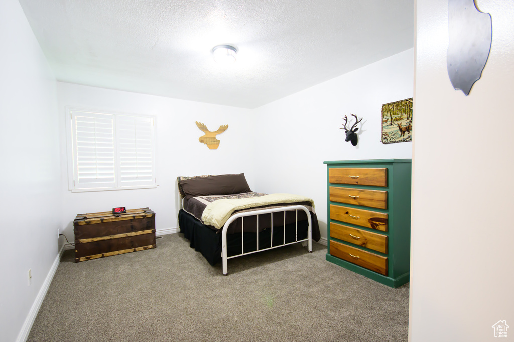 Bedroom with carpet, baseboards, and a textured ceiling