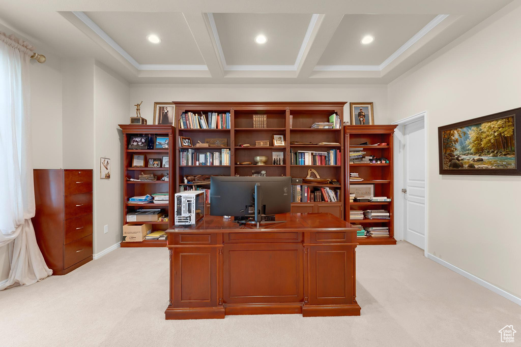 Home office with light colored carpet, baseboards, recessed lighting, crown molding, and beam ceiling