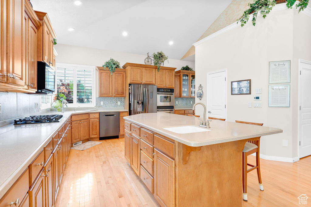 Kitchen featuring stainless steel appliances, a sink, light wood-style floors, a breakfast bar area, and a kitchen island with sink