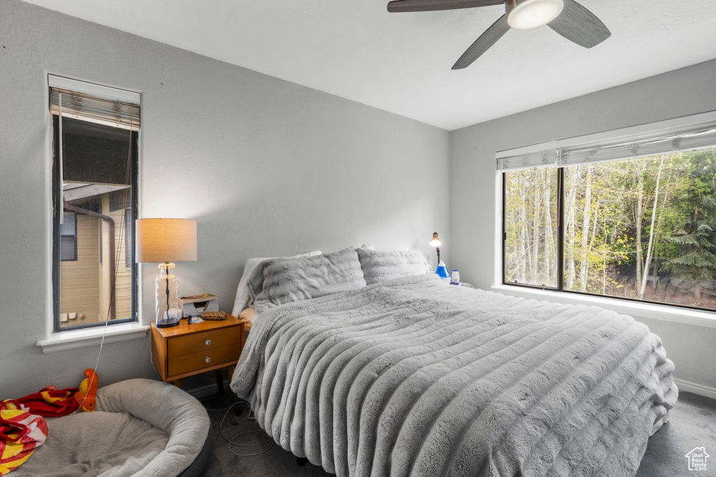 Bedroom with carpet flooring, baseboards, and a ceiling fan