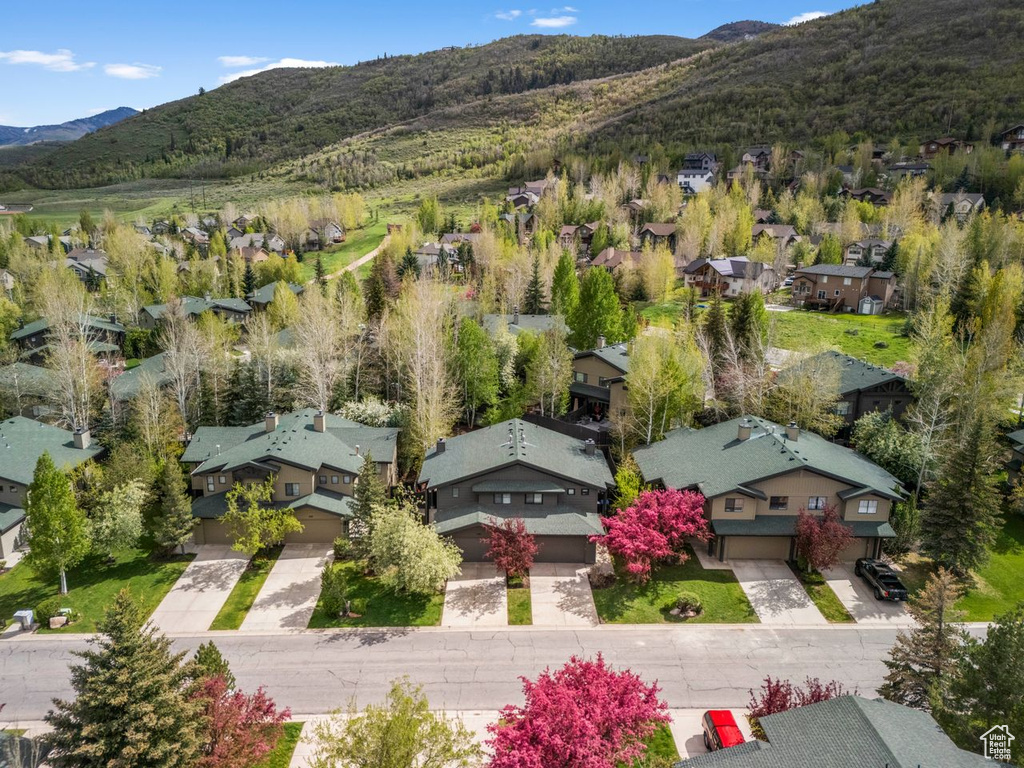 Aerial perspective of suburban area featuring a mountainous background