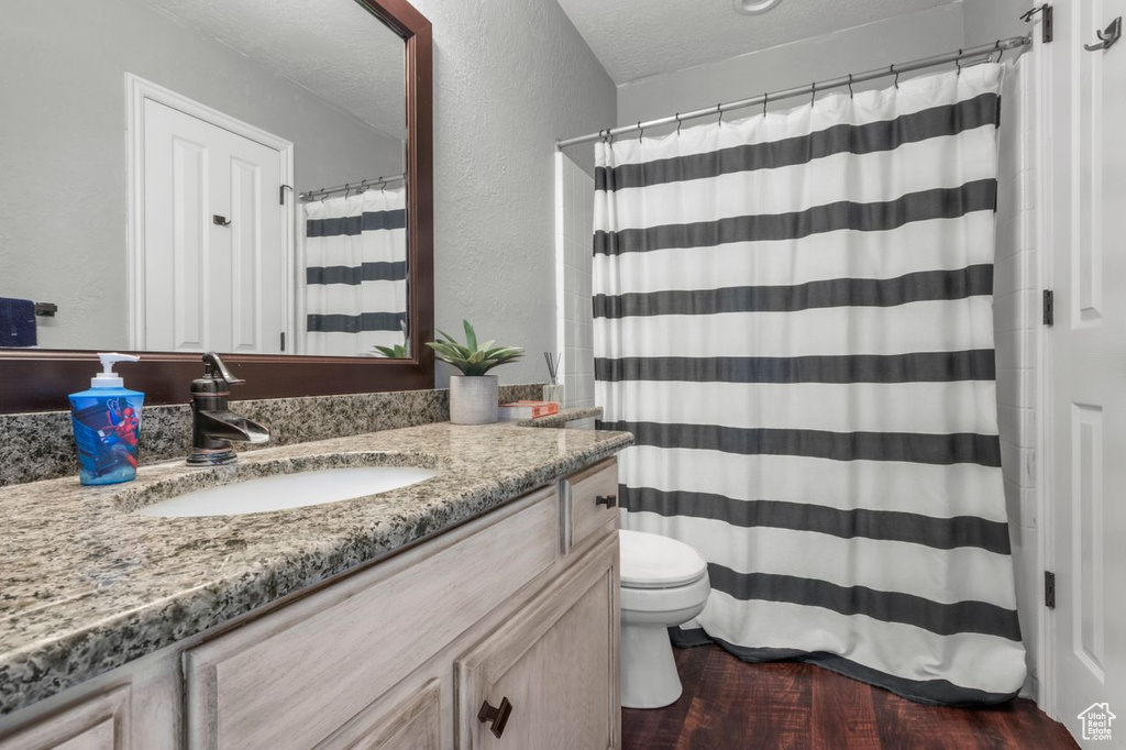 Bathroom featuring a textured wall, vanity, wood finished floors, toilet, and a shower with curtain