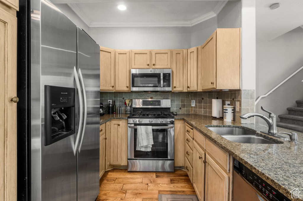 Kitchen featuring appliances with stainless steel finishes, a sink, ornamental molding, light wood-style floors, and light brown cabinets