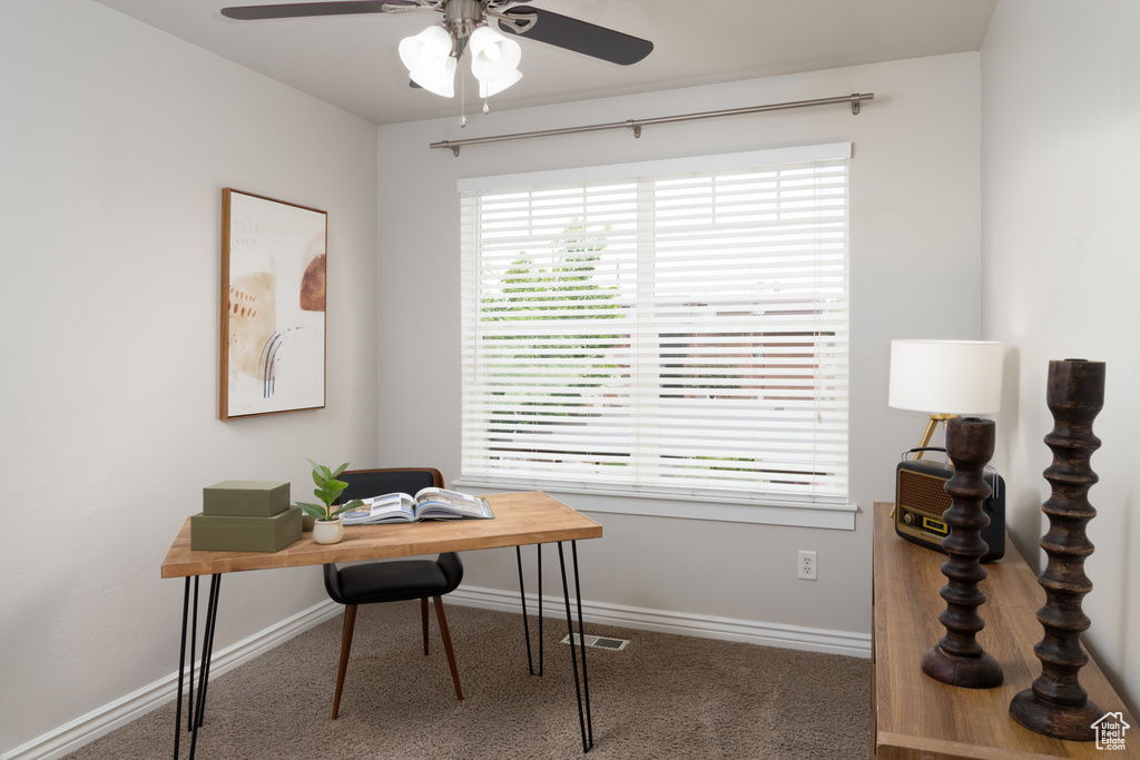 Office area with carpet, ceiling fan, and baseboards