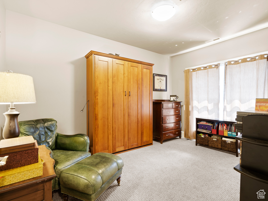Living area with light carpet