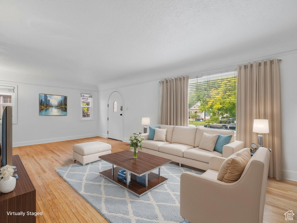 Living room featuring wood finished floors, baseboards, and a textured ceiling