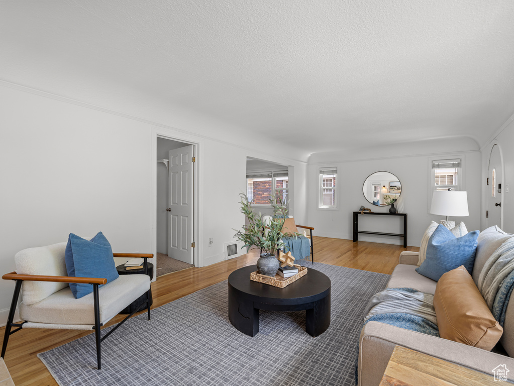 Living area featuring light wood-type flooring and a textured ceiling