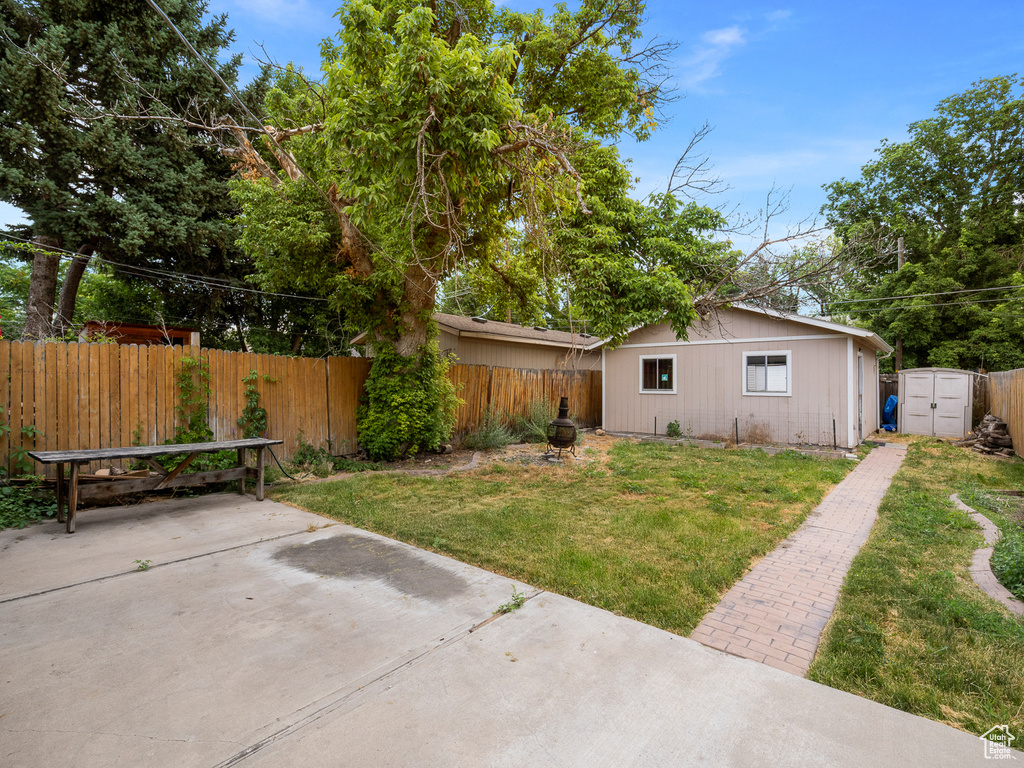 View of yard with a patio area, a storage shed, an outdoor structure, a detached carport, and driveway