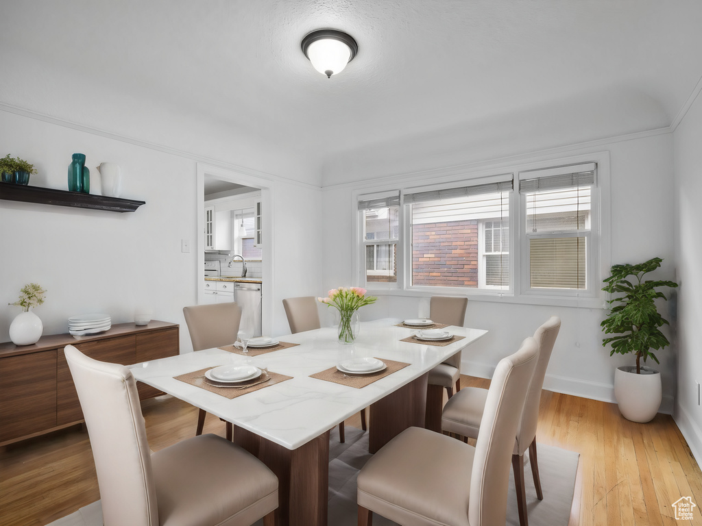 Dining space with wood finished floors, healthy amount of natural light, and baseboards
