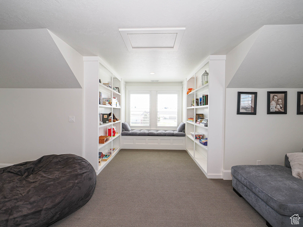 Game room with attic access, dark carpet, baseboards, and built in shelves