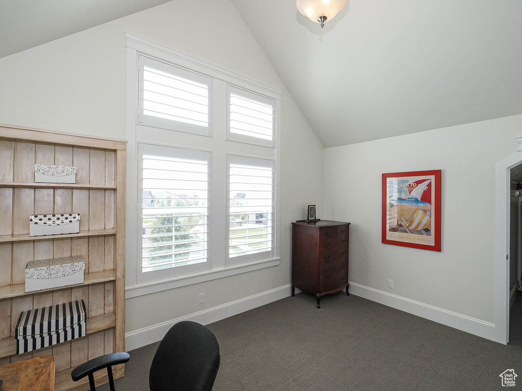 Office space featuring lofted ceiling, carpet floors, and baseboards