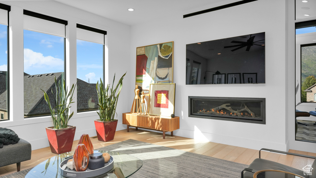 Living area with wood finished floors, a glass covered fireplace, and recessed lighting