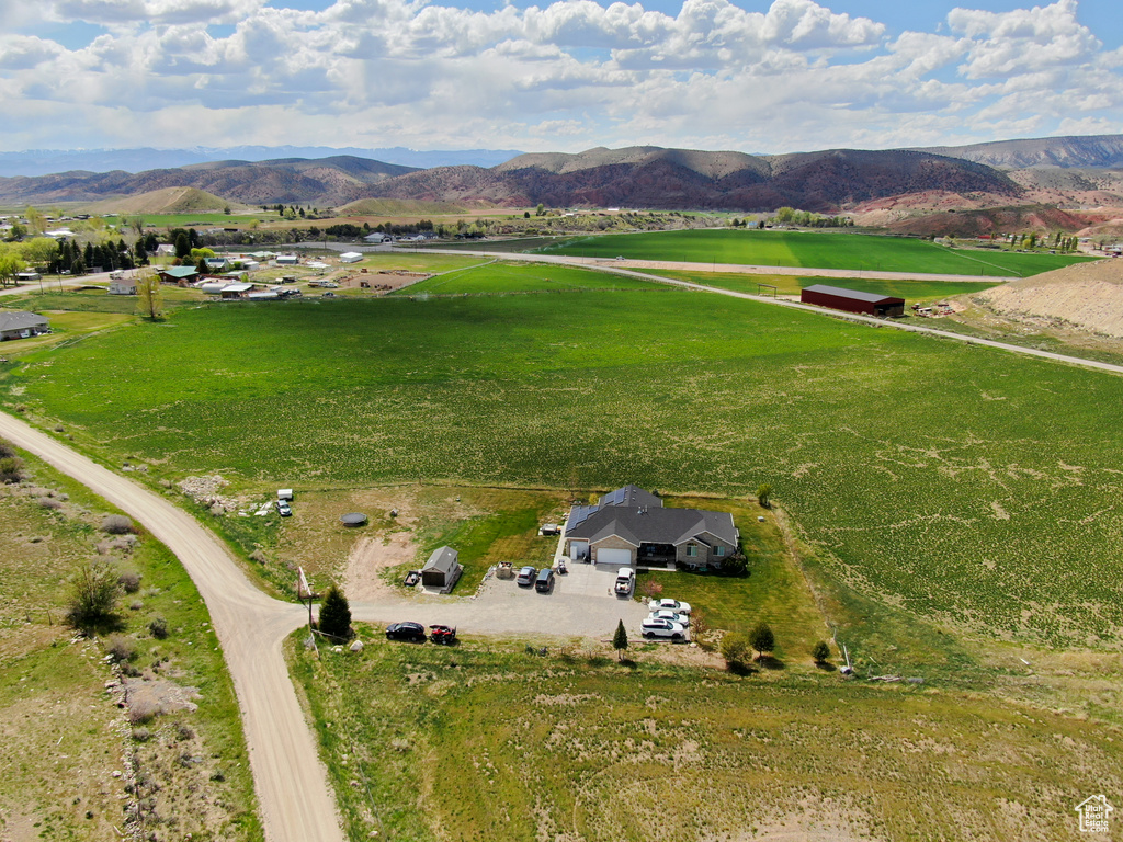 Aerial overview of property's location with mountains