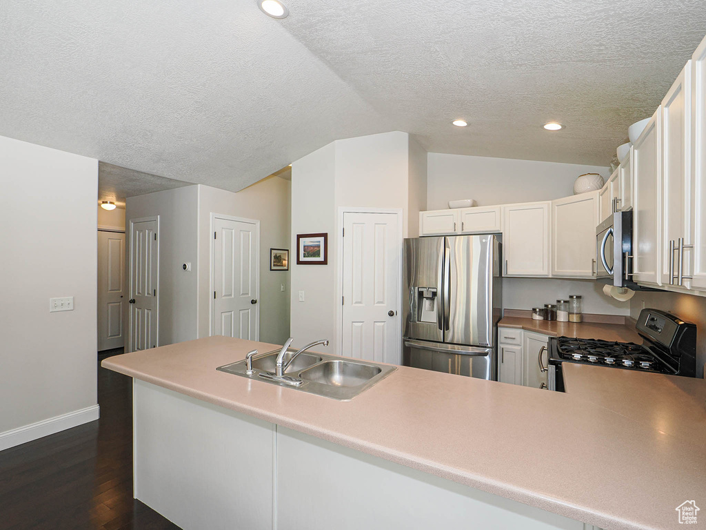 Kitchen with appliances with stainless steel finishes, a sink, a textured ceiling, baseboards, and lofted ceiling