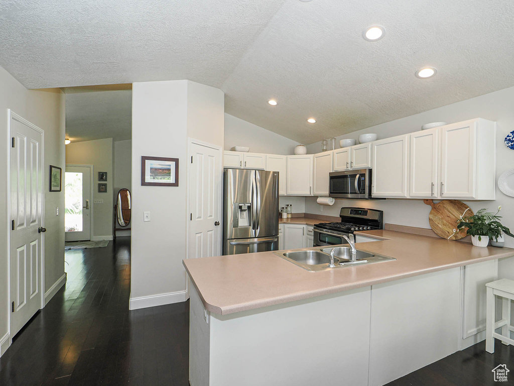 Kitchen featuring appliances with stainless steel finishes, a peninsula, lofted ceiling, a sink, and light countertops
