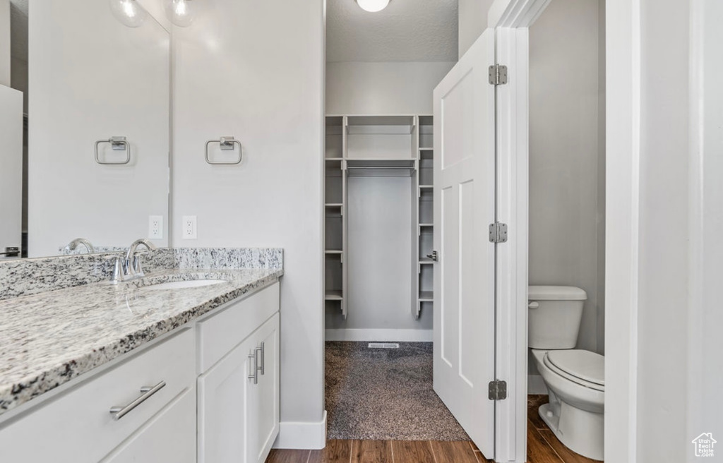 Bathroom featuring vanity, toilet, a spacious closet, wood finished floors, and baseboards