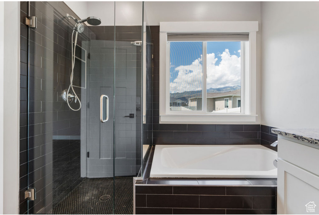 Bathroom with a bath, a stall shower, vanity, and healthy amount of natural light