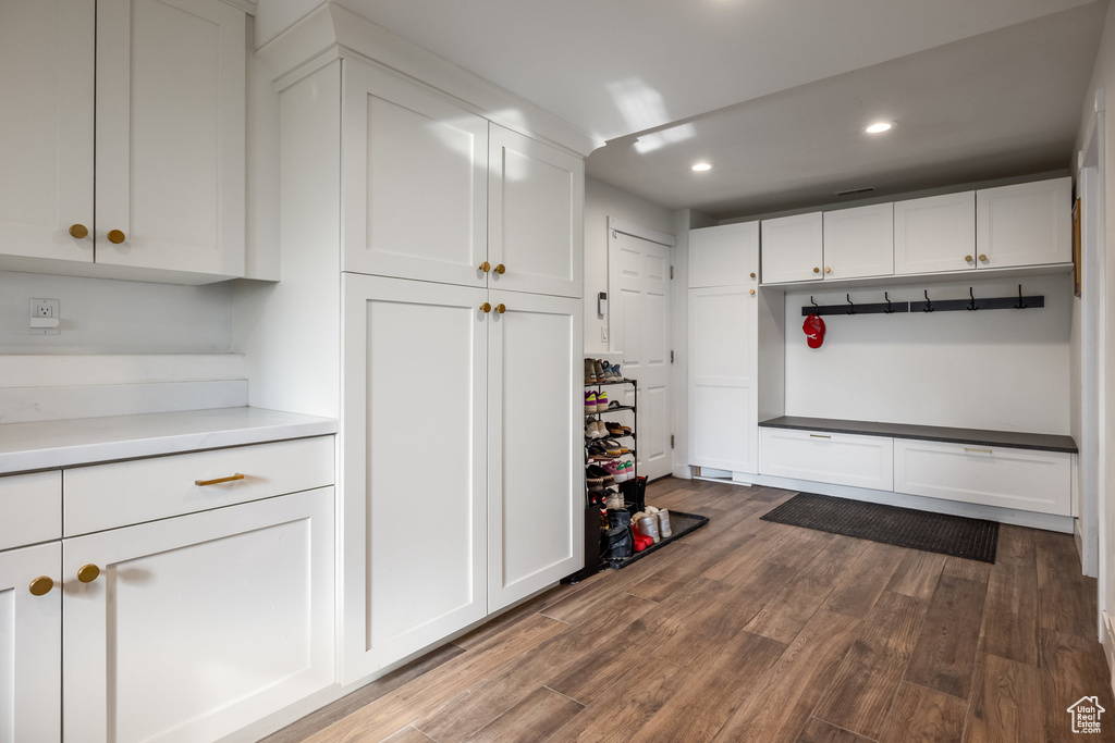 Mudroom with dark wood finished floors and recessed lighting