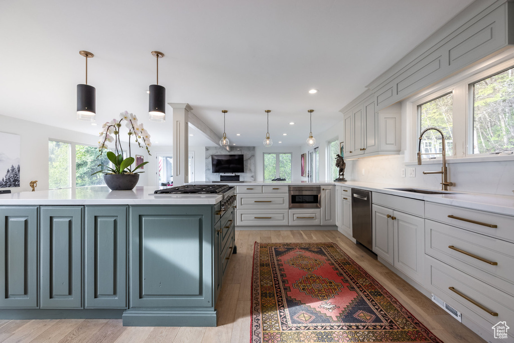 Kitchen with appliances with stainless steel finishes, a sink, healthy amount of natural light, light countertops, and recessed lighting