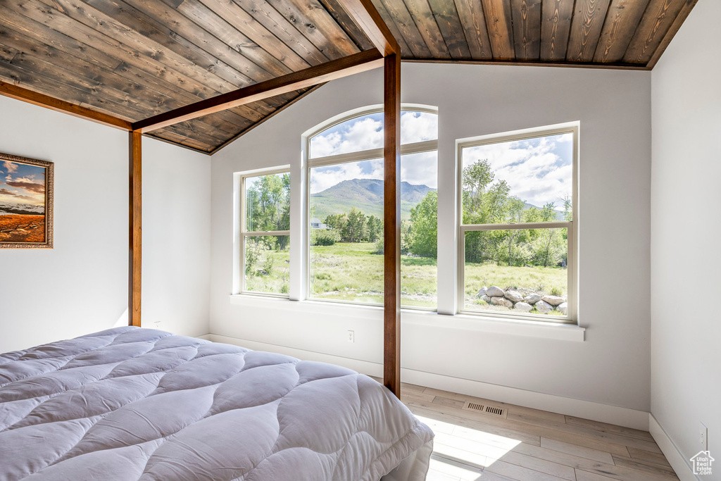 Bedroom featuring wooden ceiling, a mountain view, light wood finished floors, and baseboards