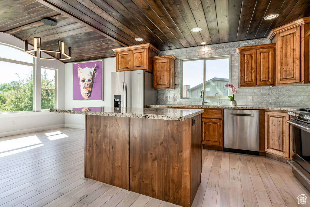 Kitchen featuring stainless steel appliances, wood ceiling, a center island, baseboards, and healthy amount of natural light