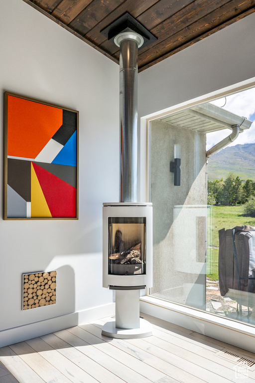 Detailed view of wood finished floors, a mountainous background, and baseboards
