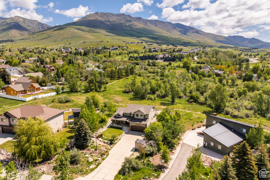 Aerial perspective of suburban area with a mountain backdrop