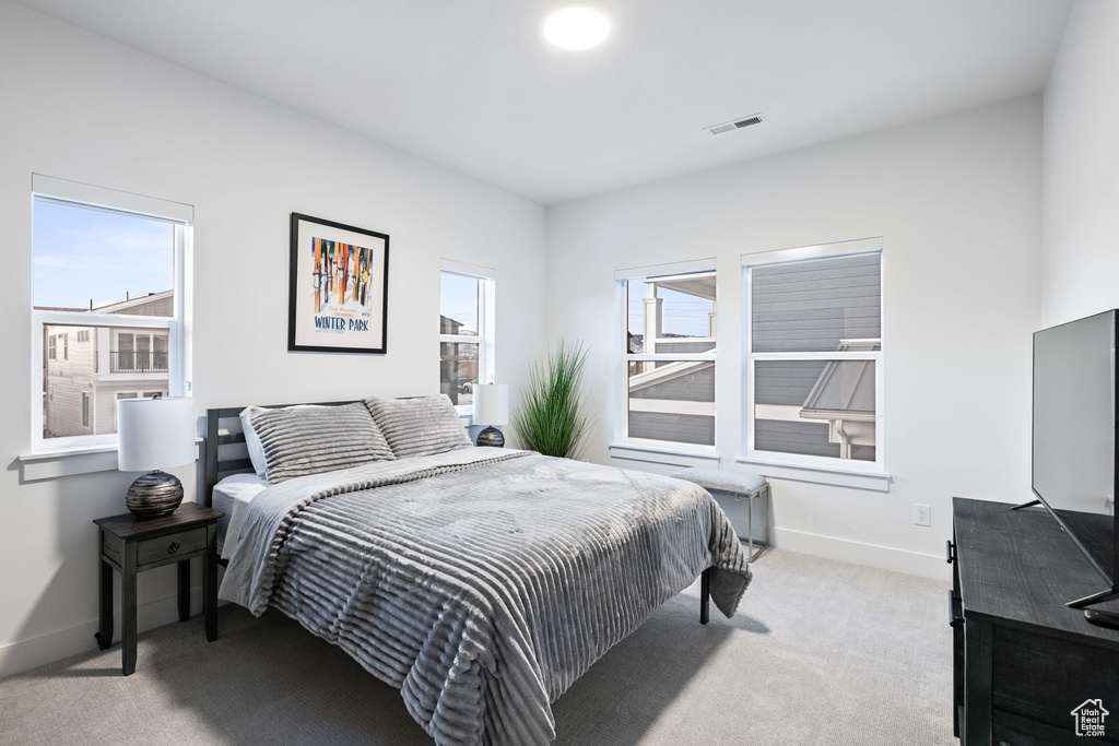 Bedroom with carpet floors and baseboards
