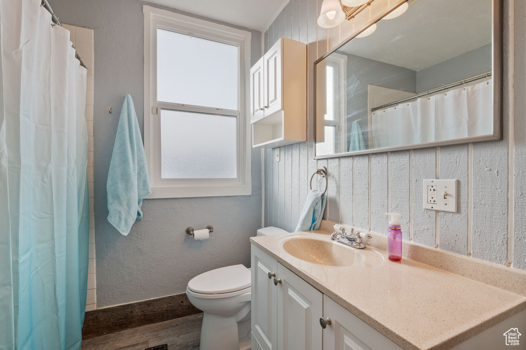 Full bath featuring vanity, wood finished floors, toilet, baseboards, and curtained shower