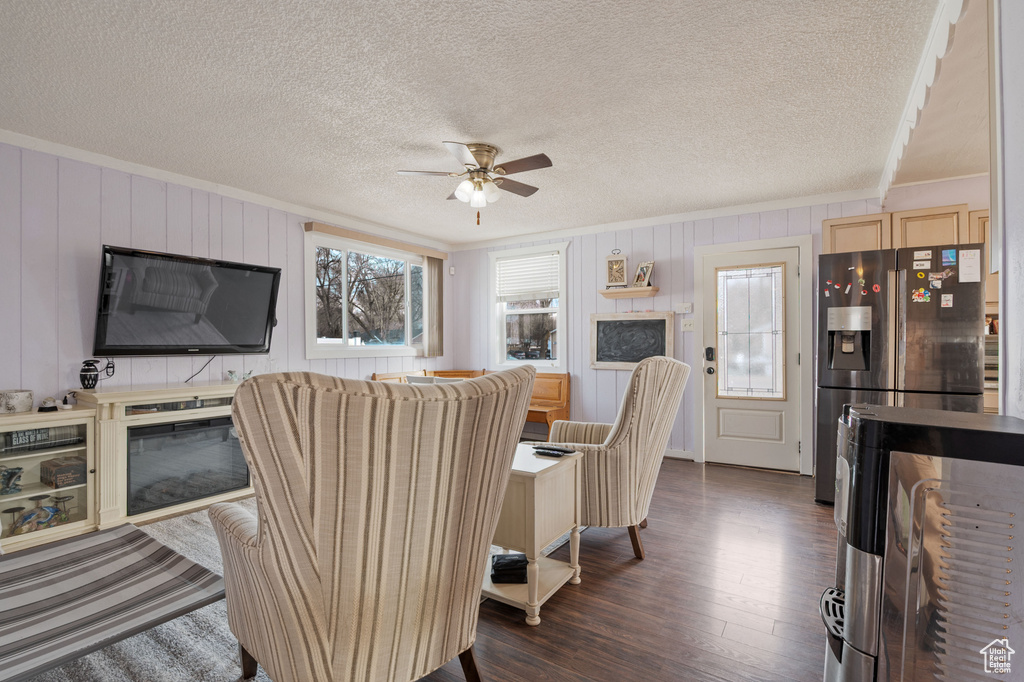 Living area with crown molding, dark wood-style floors, a textured ceiling, and ceiling fan