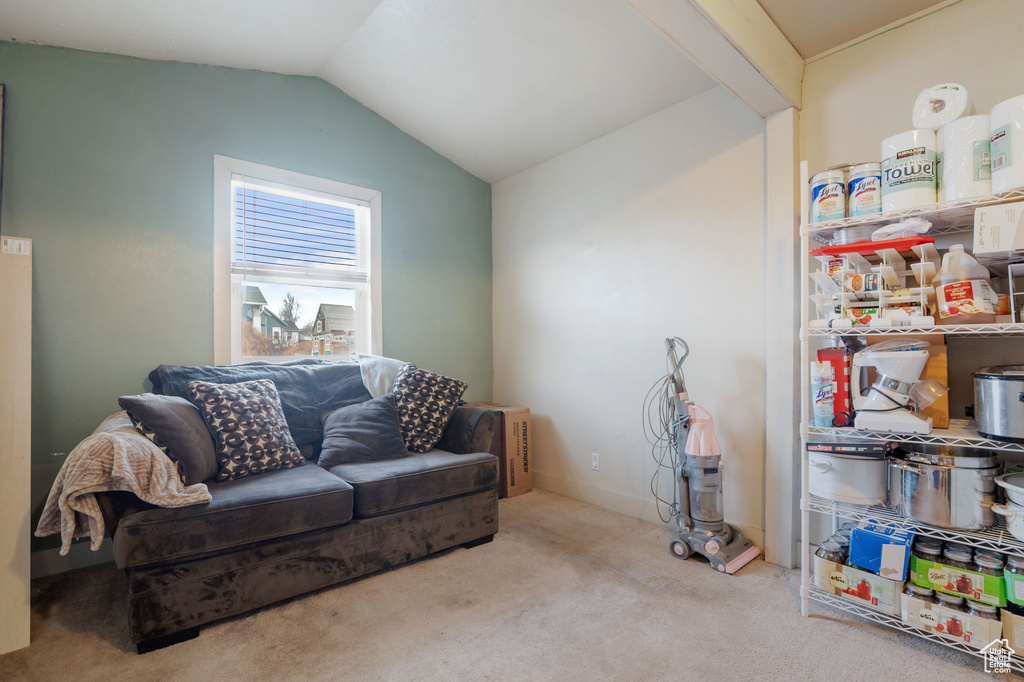 Living area featuring carpet floors and vaulted ceiling