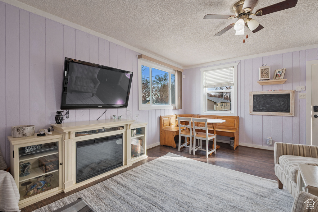 Living room with wood finished floors, ceiling fan, a textured ceiling, wooden walls, and baseboards