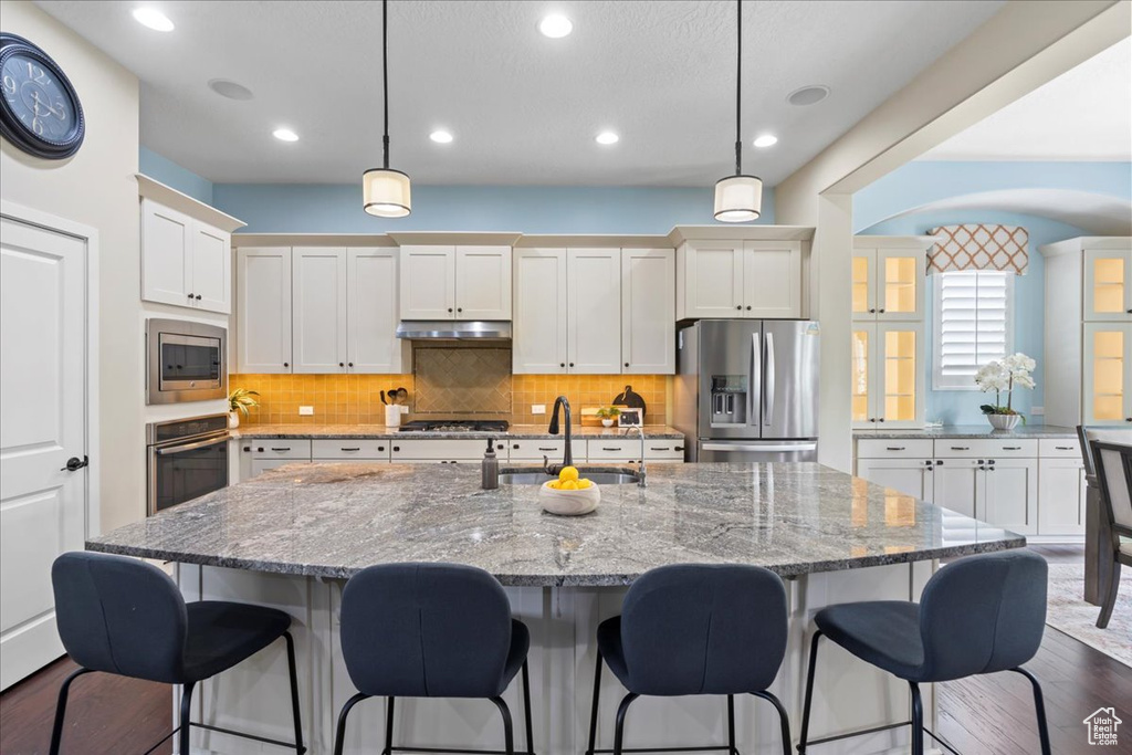 Kitchen with stainless steel appliances, a sink, under cabinet range hood, a kitchen island with sink, and white cabinetry