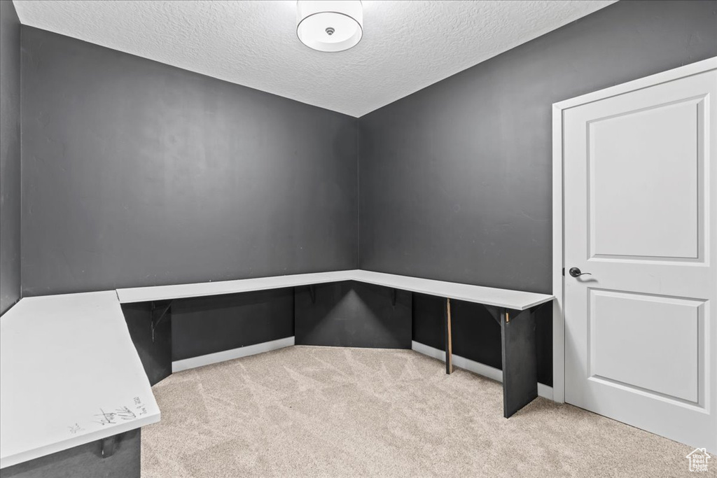 Unfurnished office with carpet flooring, a textured ceiling, and baseboards