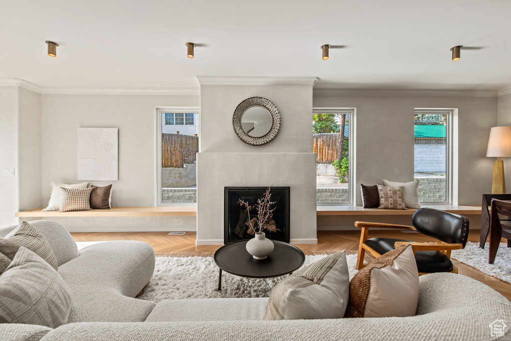 Living room featuring ornamental molding, a large fireplace, and baseboards