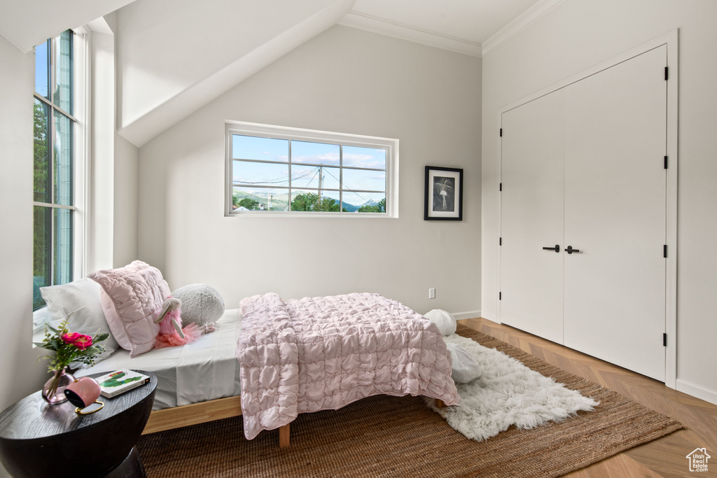 Bedroom featuring baseboards, crown molding, and lofted ceiling