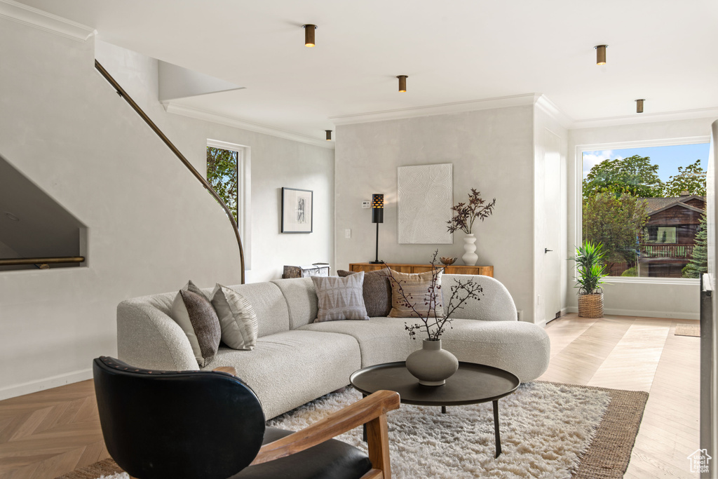 Living room featuring ornamental molding and baseboards