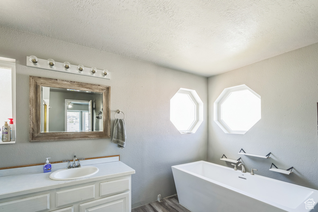Bathroom featuring healthy amount of natural light, wood finished floors, a freestanding bath, vanity, and a textured ceiling