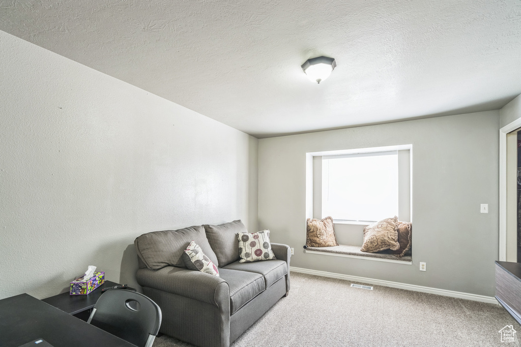 Living area with carpet floors and baseboards