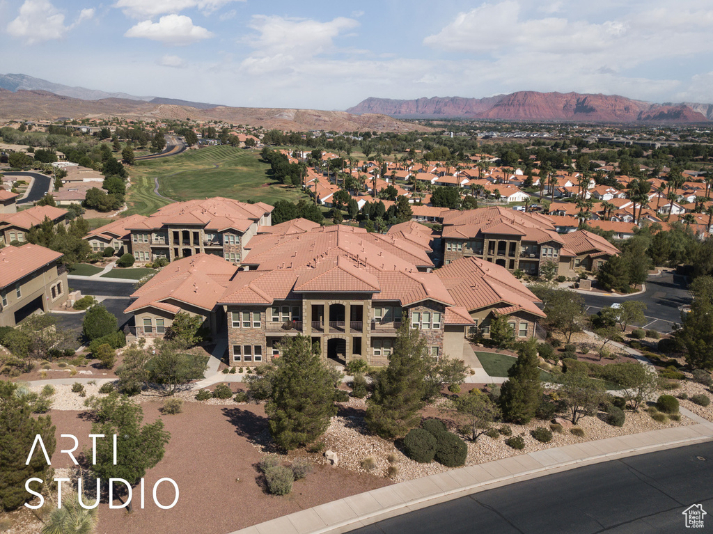 Aerial perspective of suburban area featuring mountains
