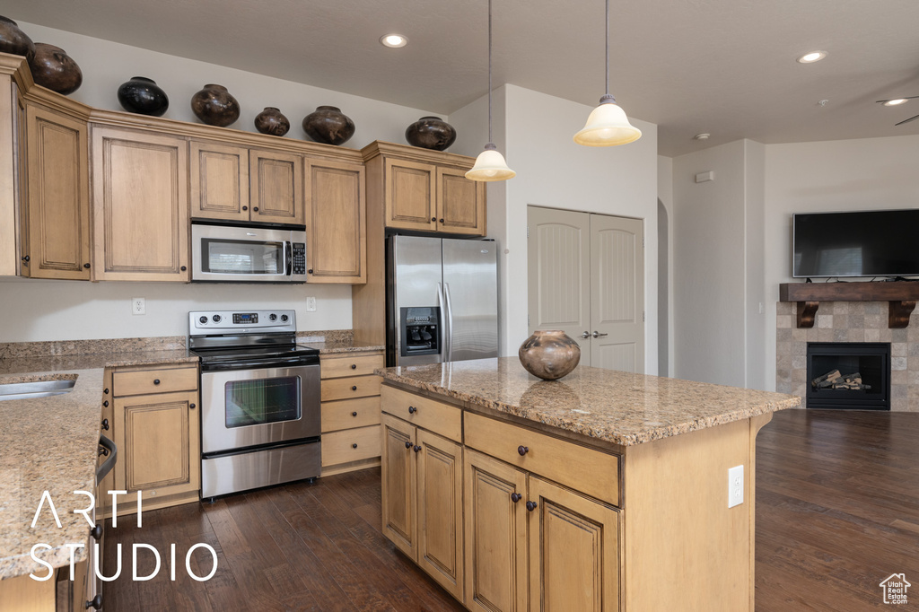 Kitchen with appliances with stainless steel finishes, open floor plan, dark wood-style flooring, light stone countertops, and hanging light fixtures