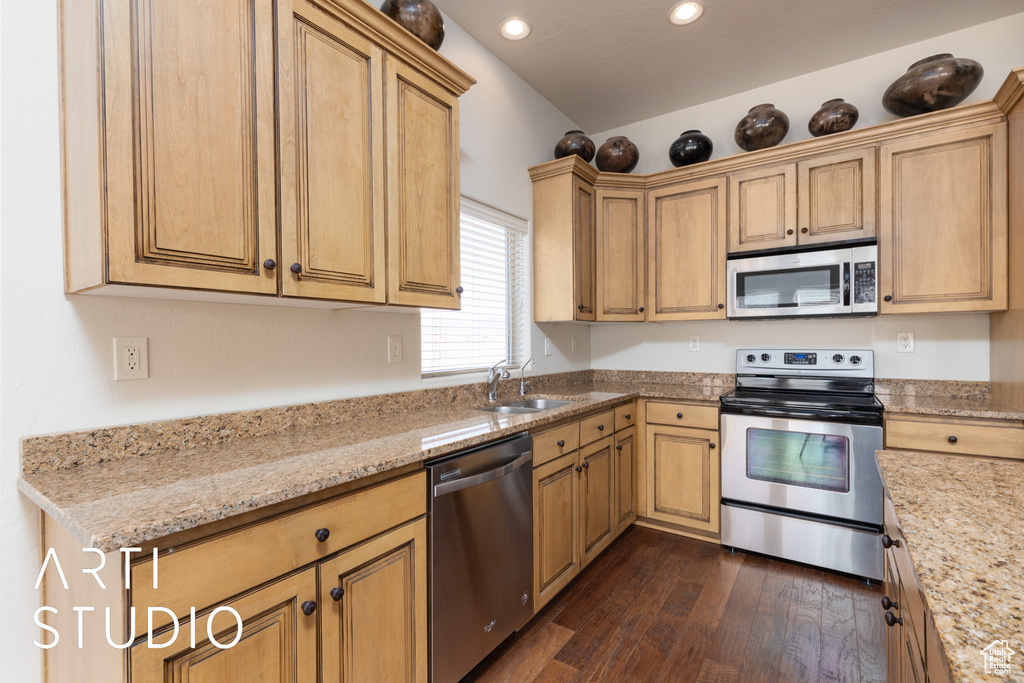Kitchen with stainless steel appliances, a sink, dark wood finished floors, recessed lighting, and light stone countertops