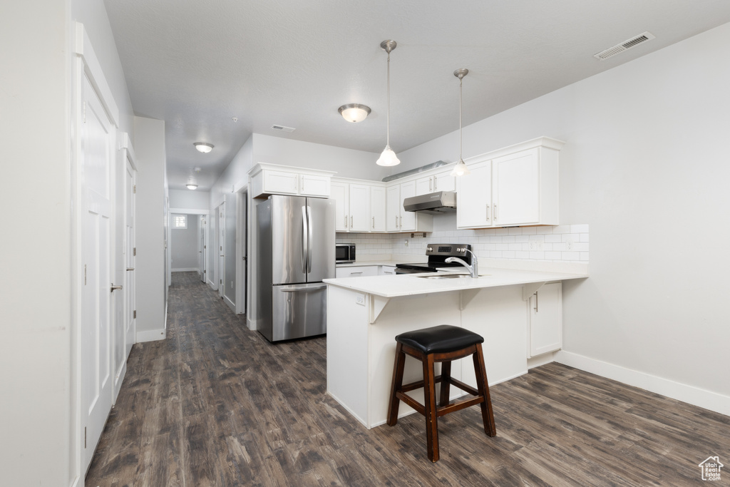 Kitchen featuring stainless steel appliances, under cabinet range hood, a peninsula, light countertops, and decorative backsplash