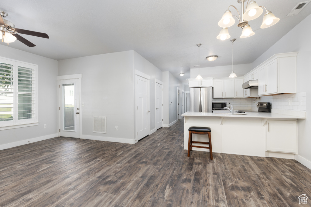Kitchen with stainless steel appliances, under cabinet range hood, a peninsula, a chandelier, and ceiling fan