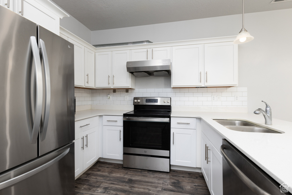 Kitchen featuring appliances with stainless steel finishes, under cabinet range hood, a sink, and light countertops