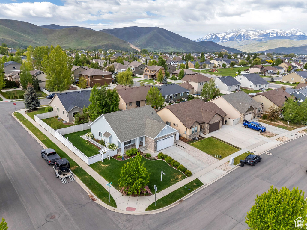 Aerial perspective of suburban area featuring mountains