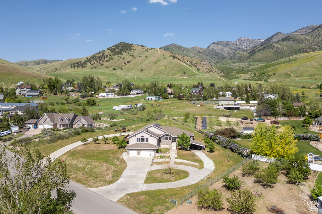 Aerial perspective of suburban area with a mountain backdrop