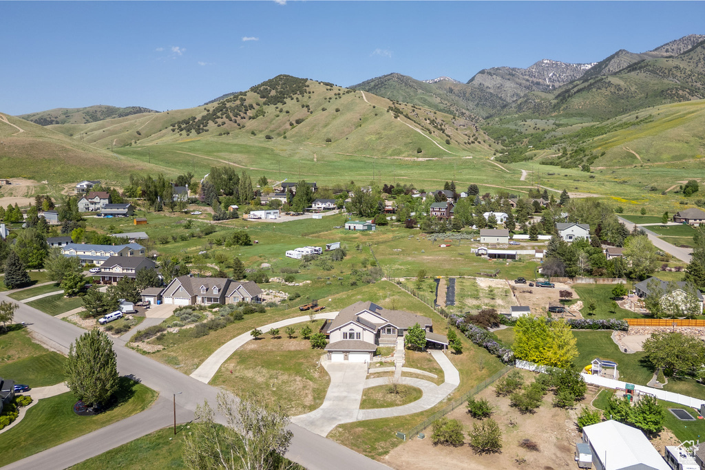 Aerial perspective of suburban area with a mountain backdrop