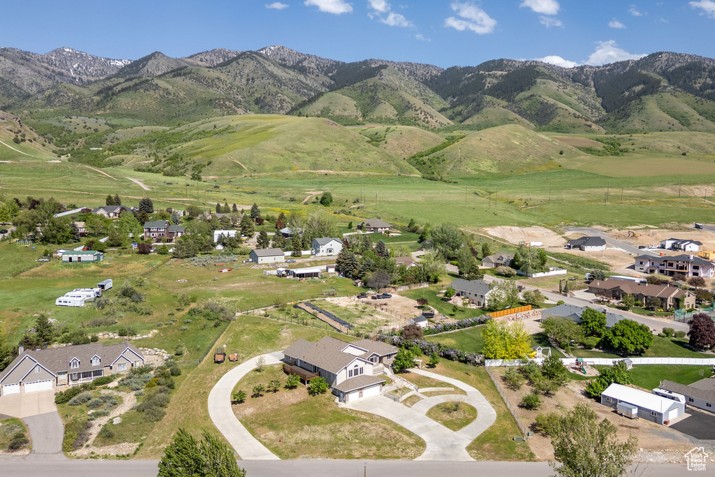 Aerial view of residential area with a mountain backdrop