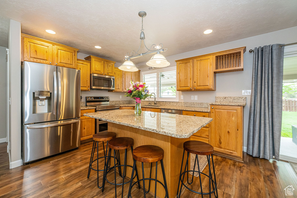 Kitchen featuring appliances with stainless steel finishes, open shelves, dark wood-style floors, a kitchen island, and recessed lighting